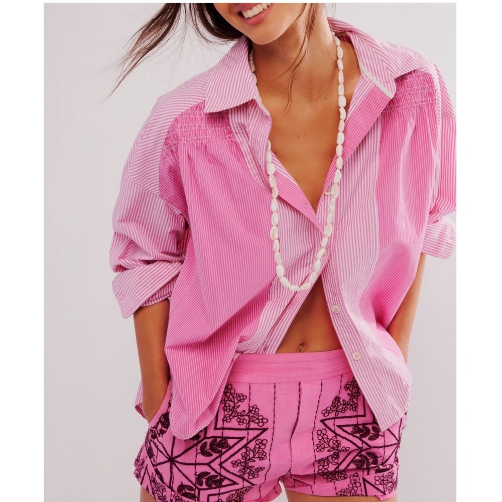 Free People Westover Pink Embroidered Star Boho Pull On Lounge Shorts L EUC